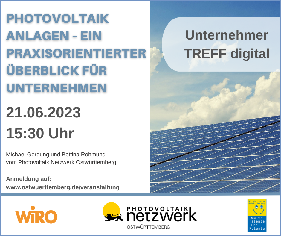 UnternehmerTREFF digital „Photovoltaikanlagen – ein praxisorientierter Überblick für Unternehmen“