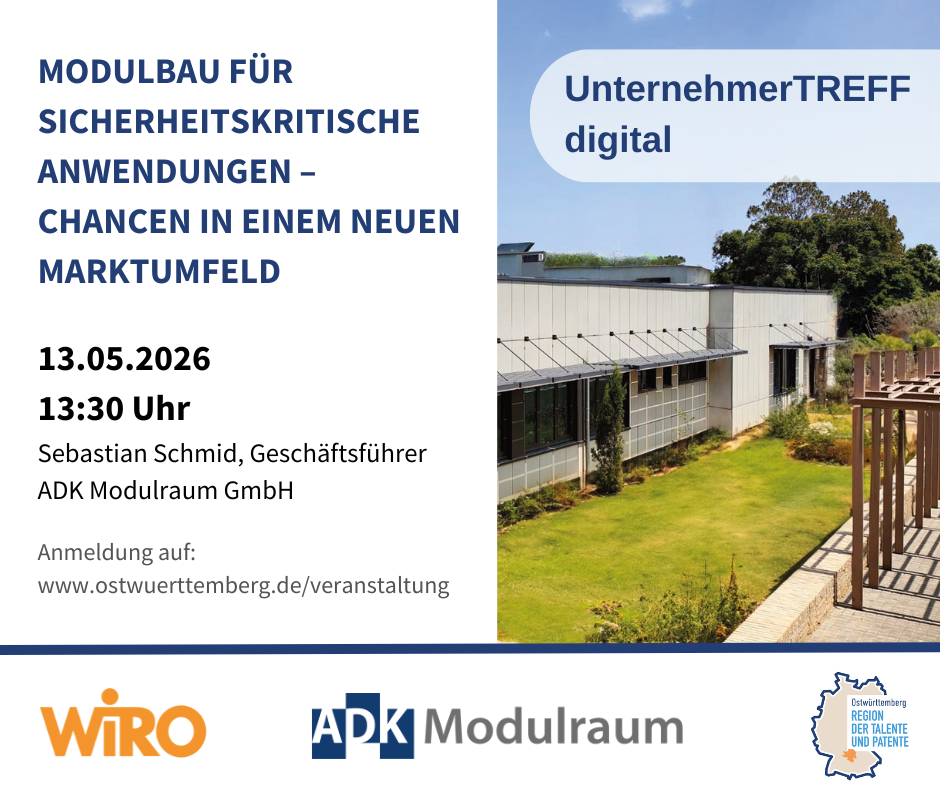 UnternehmerTREFF digital mit ADK Modulraum zum Thema „Modulbau für sicherheitskritische Anwendungen – Chancen in einem neuen Marktumfeld“